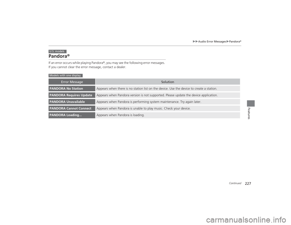HONDA CIVIC 2014 9.G Owners Manual 227
uuAudio Error Messages uPandora ®
Continued
Features
Pandora ®If an error occurs while playing Pandora ®, you may see the following error messages. 
If you cannot clear the error message, conta