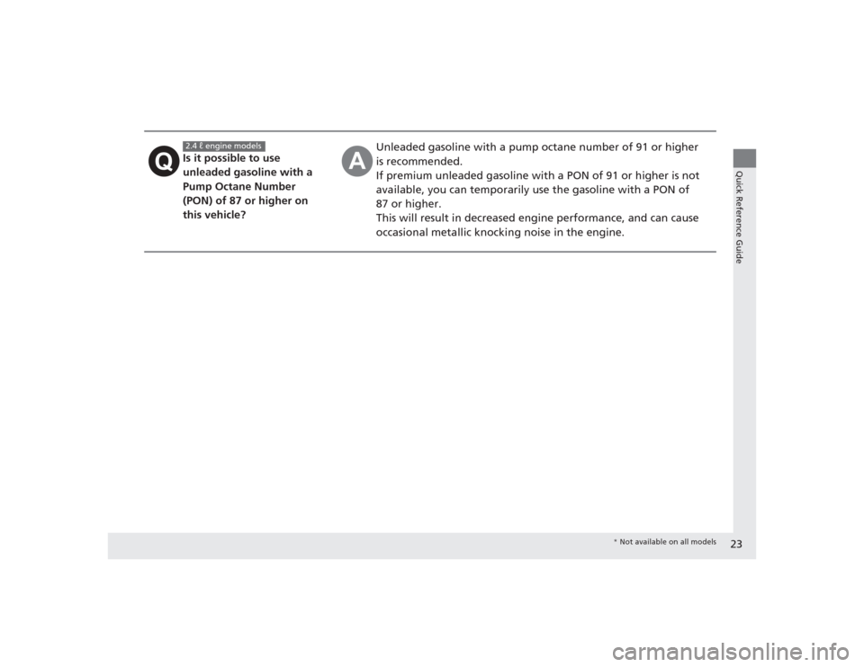 HONDA CIVIC 2014 9.G Owners Manual 23Quick Reference Guide
Is it possible to use 
unleaded gasoline with a 
Pump Octane Number 
(PON) of 87 or higher on 
this vehicle?
Unleaded gasoline with a pump octane number of 91 or higher 
is rec