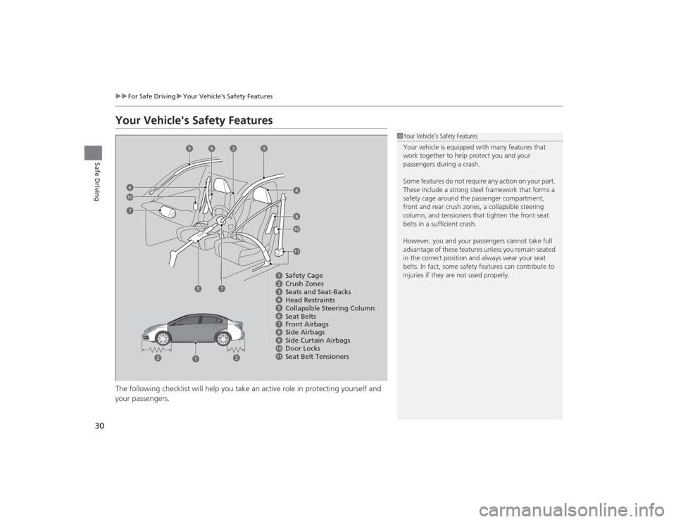 HONDA CIVIC 2014 9.G Owners Manual 30
uuFor Safe Driving uYour Vehicles Safety Features
Safe Driving
Your Vehicles Safety FeaturesThe following checklist will help you take an active role in protecting yourself and 
your passengers.
