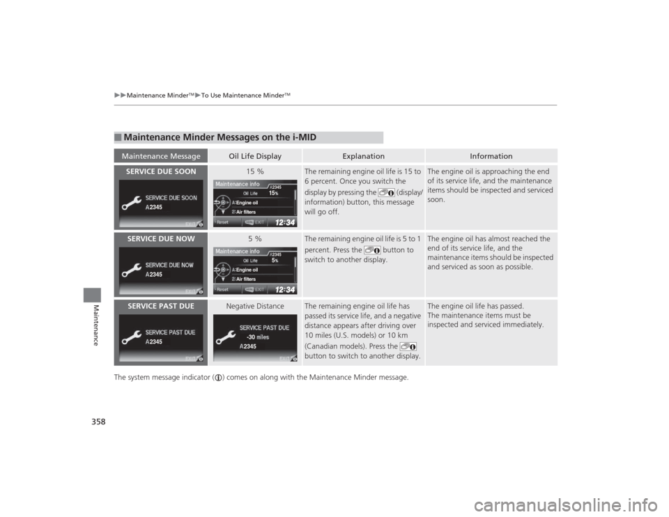 HONDA CIVIC 2014 9.G Owners Manual 358
uuMaintenance Minder
TMuTo Use Maintenance Minder
TM
Maintenance
The system message indicator ( ) comes on along with the Maintenance Minder message.■
Maintenance Minder Messages on the i-MIDMai HONDA CIVIC 2014 9.G Owners Manual 358
uuMaintenance Minder
TMuTo Use Maintenance Minder
TM
Maintenance
The system message indicator ( ) comes on along with the Maintenance Minder message.■
Maintenance Minder Messages on the i-MIDMai
