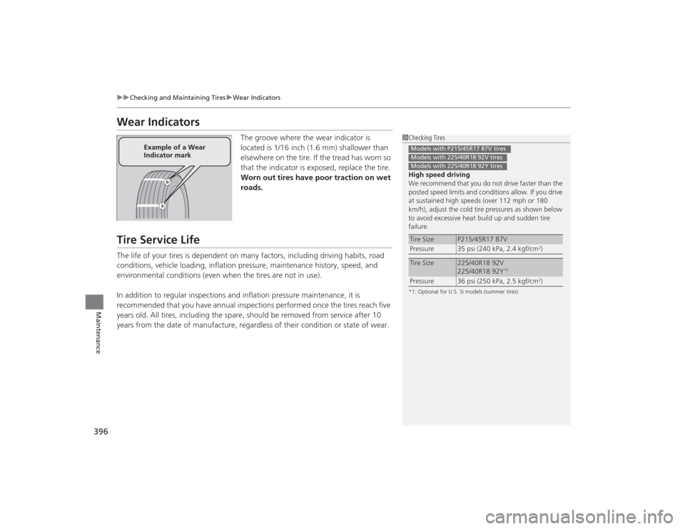 HONDA CIVIC 2014 9.G Owners Manual 396
uuChecking and Maintaining Tires uWear Indicators
Maintenance
Wear Indicators
The groove where the wear indicator is 
located is 1/16 inch (1.6 mm) shallower than 
elsewhere on the tire. If the tr