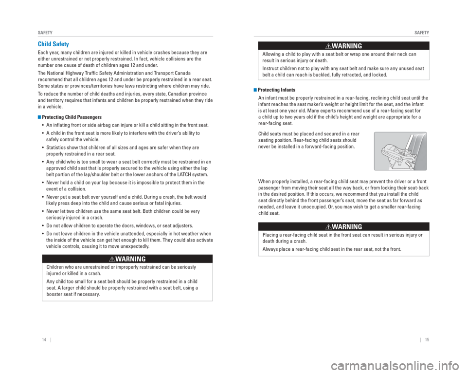 HONDA CIVIC 2015 9.G Quick Guide 14    ||    15
       SAFETY
SAFETY
  Child  Safety
Each year, many children are injured or killed in vehicle crashes because they ar\
e 
either unrestrained or not properly restrained. In fact, vehic