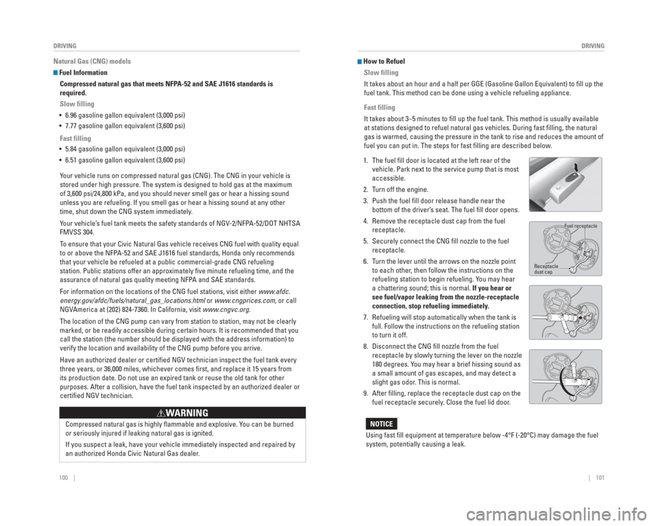 HONDA CIVIC 2015 9.G Quick Guide 100    ||    101
       DRIVING
DRIVING
Natural Gas (CNG) models
  Fuel Information
Compressed natural gas that meets NFPA-52 and SAE J1616 standards is 
required.
Slow filling
•  6.96 gasoline gall