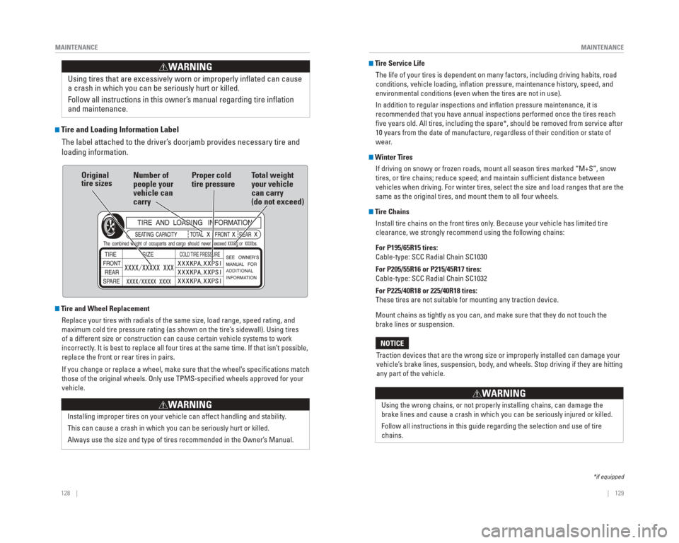 HONDA CIVIC 2015 9.G Quick Guide 128    ||    129
       MAINTENANCE
MAINTENANCE
   Tire and Loading Information Label
The label attached to the driver’s doorjamb provides necessary tire and 
loading information.
   Tire and Wheel 