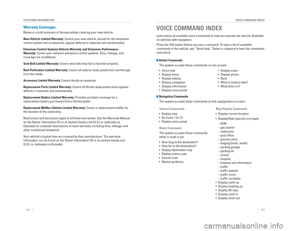 HONDA CIVIC 2015 9.G Quick Guide 142    ||    143
       VOICE COMMAND INDEX
CUSTOMER INFORMATION
 Warranty  Coverages
Below is a brief summary of the warranties covering your new vehicle. 
New Vehicle Limited Warranty: Covers your n