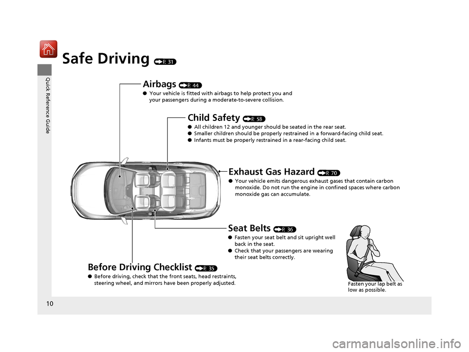 HONDA CIVIC 2016 10.G User Guide 10
Quick Reference Guide
Safe Driving (P 31)
Airbags (P 44)
● Your vehicle is fitted with ai rbags to help protect you and 
your passengers during a moderate-to-severe collision.
Child Safety (P 58)