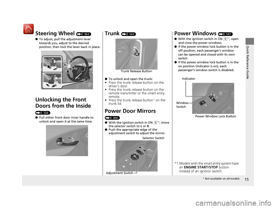 HONDA CIVIC 2016 10.G User Guide 15
Quick Reference Guide
Steering Wheel (P 164)
● To adjust, pull the adjustment lever 
towards you, adjust to the desired 
position, then lock the lever back in place.
Unlocking the Front 
Doors fr