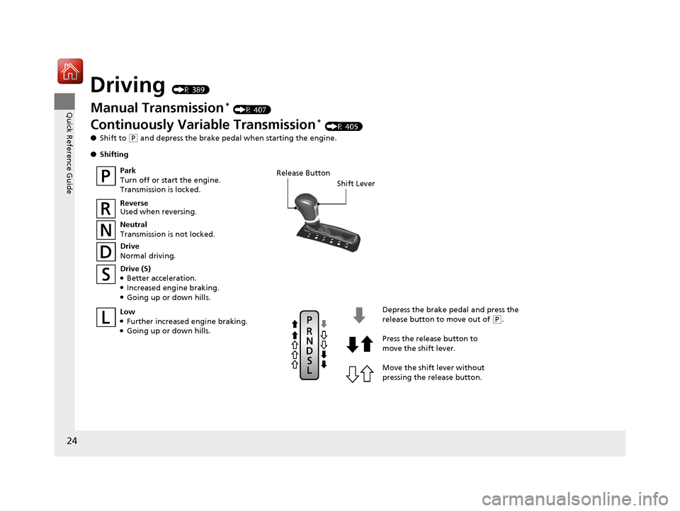 HONDA CIVIC 2016 10.G Owners Manual 24
Quick Reference Guide
Driving (P 389)
Release ButtonShift Lever
Depress the brake pedal and press the
release button to move out of
(P.
Move the shift lever without
pressing the release button. HONDA CIVIC 2016 10.G Owners Manual 24
Quick Reference Guide
Driving (P 389)
Release ButtonShift Lever
Depress the brake pedal and press the
release button to move out of
(P.
Move the shift lever without
pressing the release button.