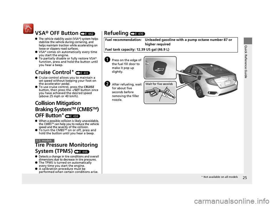 HONDA CIVIC 2016 10.G Owners Manual 25
Quick Reference Guide
VSA® OFF Button (P 442)
●The vehicle stability assist (VSA®) system helps
stabilize the vehicle during cornering, and
helps maintain traction while accelerating on
loos HONDA CIVIC 2016 10.G Owners Manual 25
Quick Reference Guide
VSA® OFF Button (P 442)
●The vehicle stability assist (VSA®) system helps
stabilize the vehicle during cornering, and
helps maintain traction while accelerating on
loos