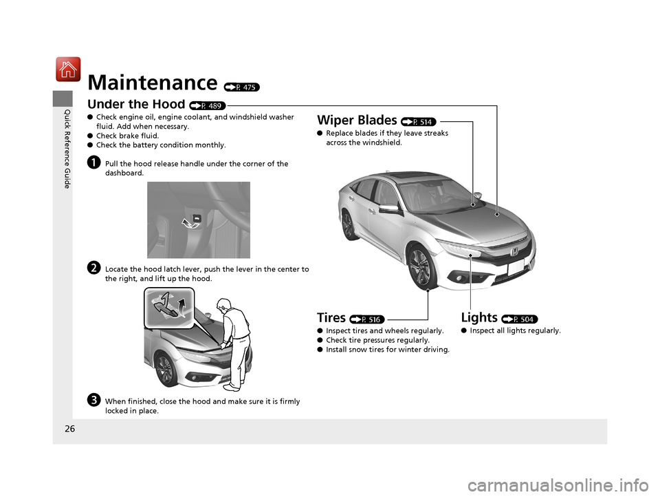 HONDA CIVIC 2016 10.G Owners Manual 26
Quick Reference Guide
Maintenance (P 475)
Under the Hood (P 489)
● Check engine oil, engine coolant, and windshield washer 
fluid. Add when necessary.
● Check brake fluid.
● Check the battery