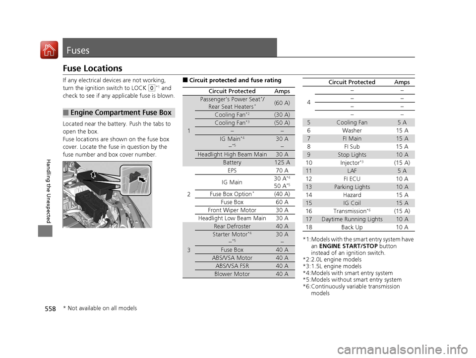 HONDA CIVIC 2016 10.G Owners Manual 558
Handling the Unexpected
Fuses
Fuse Locations
If any electrical devices are not working,
turn the ignition switch to LOCK
(0*1 and
check to see if any appl icable fuse is blown.
Located near the HONDA CIVIC 2016 10.G Owners Manual 558
Handling the Unexpected
Fuses
Fuse Locations
If any electrical devices are not working,
turn the ignition switch to LOCK
(0*1 and
check to see if any appl icable fuse is blown.
Located near the