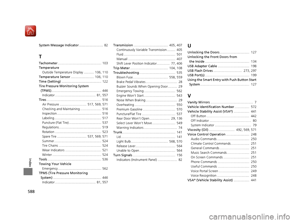 HONDA CIVIC 2016 10.G Owners Manual 588
Index
System Message Indicator..........................  82
T
Tachometer...............................................  103
Temperature Outside Temperature Display ...........  106, 110
Temperat