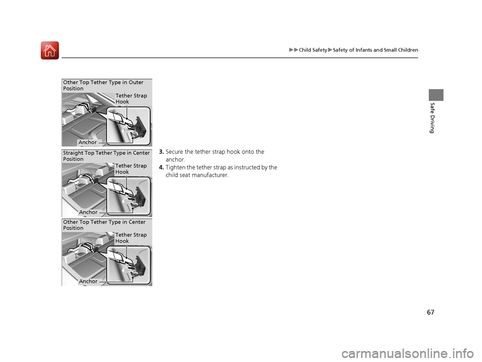 HONDA CIVIC 2016 10.G Repair Manual 67
uuChild Safety uSafety of Infants and Small Children
Safe Driving
3. Secure the tether strap hook onto the
anchor.
4. Tighten the tether strap as instructed by the
child seat manufacturer.
Other HONDA CIVIC 2016 10.G Repair Manual 67
uuChild Safety uSafety of Infants and Small Children
Safe Driving
3. Secure the tether strap hook onto the
anchor.
4. Tighten the tether strap as instructed by the
child seat manufacturer.
Other