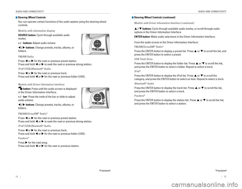 HONDA CIVIC 2016 10.G Quick Guide 54    ||    55
       AUDIO AND CONNECTIVITY
AUDIO AND CONNECTIVITY
 Steering Wheel Controls
You can operate certain functions of the audio system using the steering \
wheel 
controls.
Models with inf