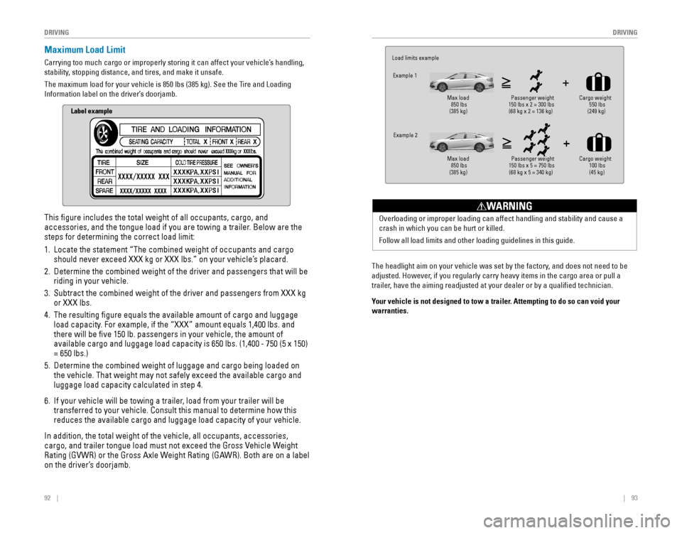 HONDA CIVIC 2016 10.G Quick Guide 92 || 93
DRIVING
DRIVING
Maximum Load Limit
Carrying too much cargo or improperly storing it can affect your vehicle\
’s handling,
stability, stopping distance, and tires, and make it HONDA CIVIC 2016 10.G Quick Guide 92 || 93
DRIVING
DRIVING
Maximum Load Limit
Carrying too much cargo or improperly storing it can affect your vehicle\
’s handling,
stability, stopping distance, and tires, and make it