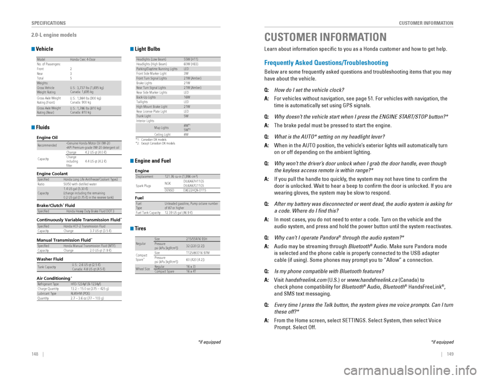 HONDA CIVIC 2016 10.G Quick Guide 148    ||    149
       CUSTOMER INFORMATION
SPECIFICATIONS
2.0-L engine models
 Vehicle
ModelHonda Civic 4-Doo r
No. of Passengers :
Front2
Rear 3
Tota l5
Weights:Gross Vehicle 
Weight Rating U.S.: 3