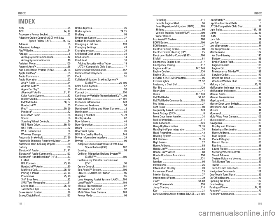 HONDA CIVIC 2016 10.G Quick Guide 154    ||    155
       INDEX
INDEX
INDEX
ABS  .............................................................25ACC  .......................................................24, 27
Accessory Power Socket 
