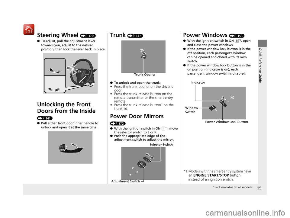 HONDA CIVIC 2017 10.G Owners Manual 15
Quick Reference Guide
Steering Wheel (P 170)
● To adjust, pull the adjustment lever 
towards you, adjust to the desired 
position, then lock the lever back in place.
Unlocking the Front 
Doors fr