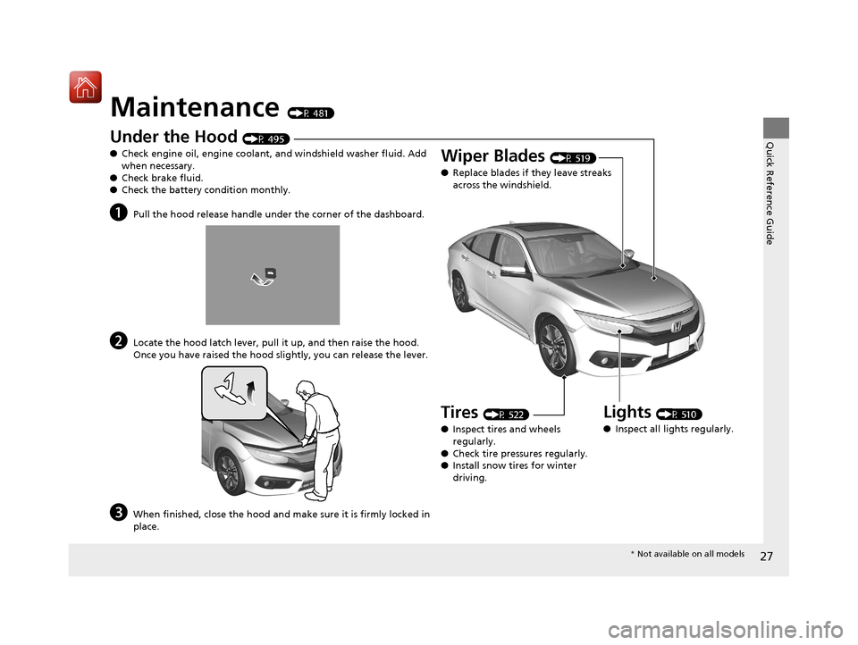 HONDA CIVIC 2017 10.G Owners Manual 27
Quick Reference Guide
Maintenance (P 481)
Under the Hood (P 495)
● Check engine oil, engine coolant, and windshield washer fluid. Add
when necessary.
● Check brake fluid.
● Check the battery HONDA CIVIC 2017 10.G Owners Manual 27
Quick Reference Guide
Maintenance (P 481)
Under the Hood (P 495)
● Check engine oil, engine coolant, and windshield washer fluid. Add
when necessary.
● Check brake fluid.
● Check the battery