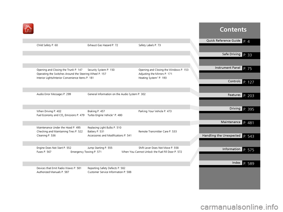 HONDA CIVIC 2017 10.G Owners Manual Contents
Child Safety P. 60Exhaust Gas Hazard P. 72Safety Labels P. 73
Opening and Closing the Trunk P. 147 Security System P. 150 Opening and Closing the Windows P. 153
Operating the Switches Around 