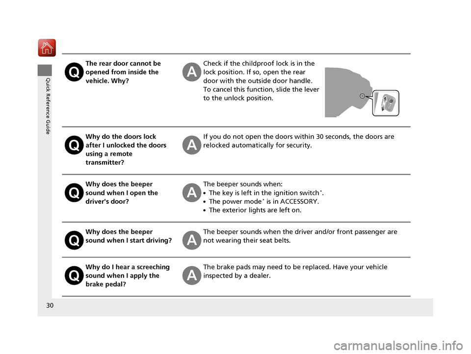 HONDA CIVIC 2017 10.G Owners Manual 30
Quick Reference Guide
The rear door cannot be 
opened from inside the 
vehicle. Why?Check if the childproof lock is in the 
lock position. If so, open the rear 
door with the outside door handle.
T