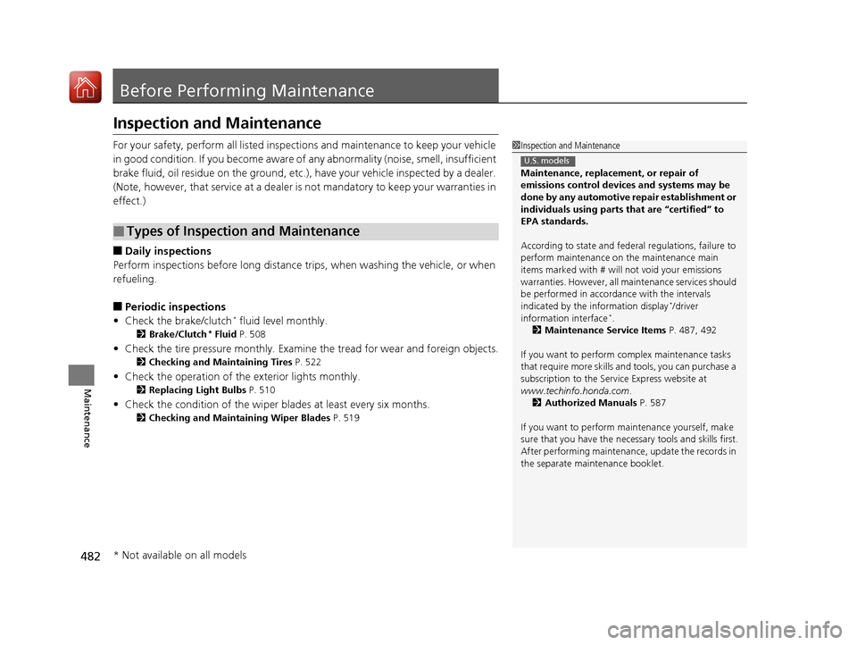 HONDA CIVIC 2017 10.G Owners Manual 482
Maintenance
Before Performing Maintenance
Inspection and Maintenance
For your safety, perform all listed inspections and maintenance to keep your vehicle 
in good condition. If you become aware of