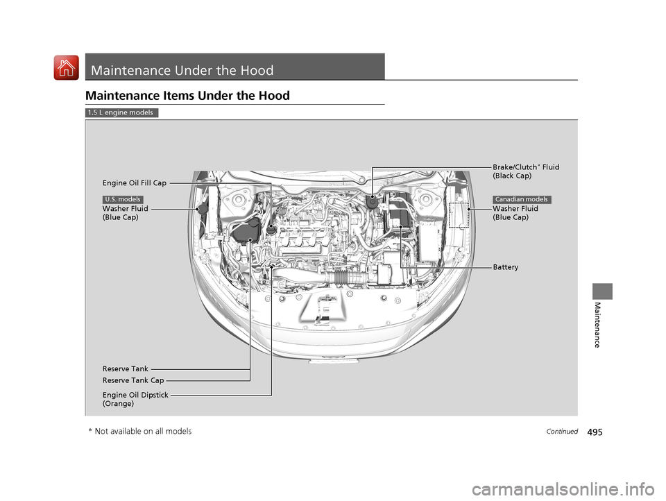 HONDA CIVIC 2017 10.G Owners Manual 495Continued
Maintenance
Maintenance Under the Hood
Maintenance Items Under the Hood
1.5 L engine models
Brake/Clutch* Fluid 
(Black Cap)
Reserve Tank Washer Fluid 
(Blue Cap)
Engine Oil Dipstick 
(Or