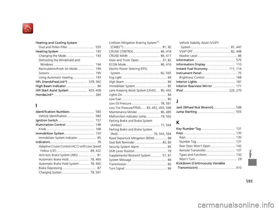HONDA CIVIC 2017 10.G Owners Manual 593
Index
Heating and Cooling SystemDust and Pollen Filter ..............................  535
Heating System ........................................  193
Changing the Mode...........................