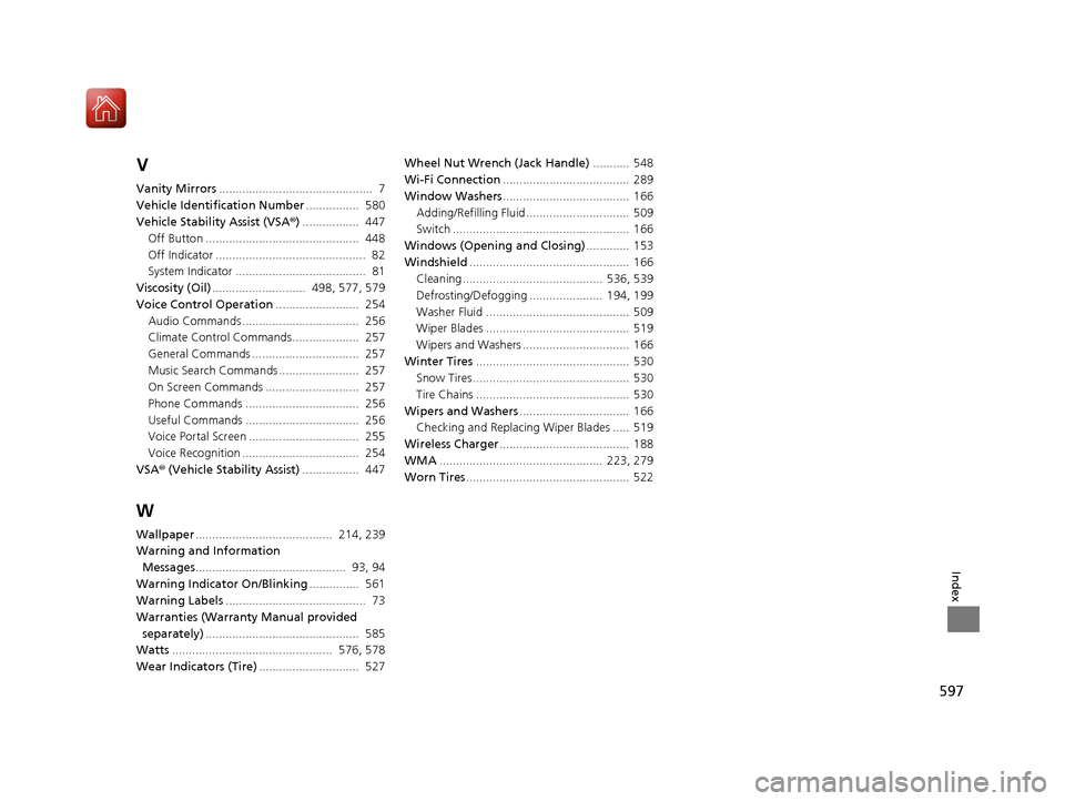 HONDA CIVIC 2017 10.G Owners Manual 597
Index
V
Vanity Mirrors..............................................  7
Vehicle Identification Number ................  580
Vehicle Stability Assist (VSA ®) .................  447
Off Button ....