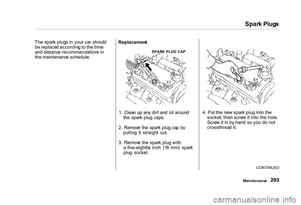 HONDA CIVIC COUPE 2000 7.G Owners Manual Spar
k Plug s
Th e spar k plug s i n you r ca r shoul d
b e replace d accordin g to th e tim e
an d distanc e recommendation s i n
th e maintenanc e schedule .
1. Clea n u p an y dir t an d oi l ar HONDA CIVIC COUPE 2000 7.G Owners Manual Spar
k Plug s
Th e spar k plug s i n you r ca r shoul d
b e replace d accordin g to th e tim e
an d distanc e recommendation s i n
th e maintenanc e schedule .
1. Clea n u p an y dir t an d oi l ar