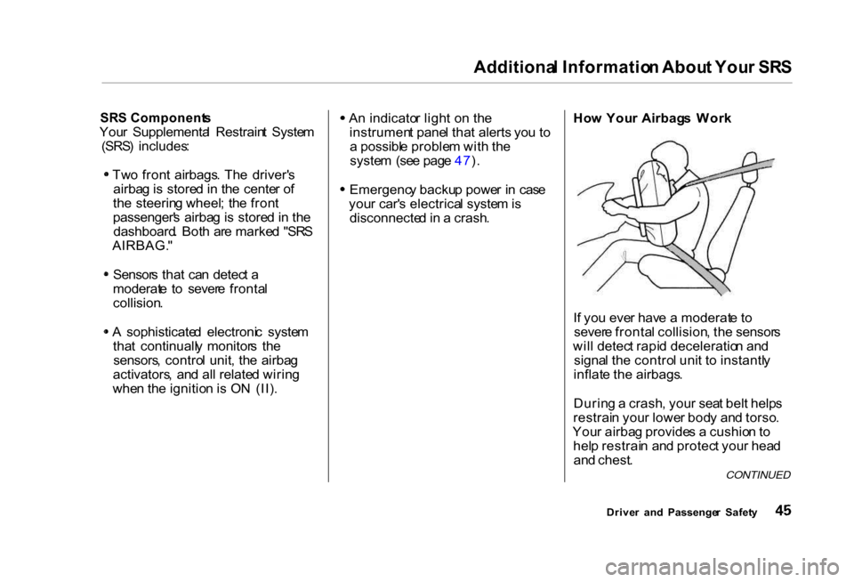 HONDA CIVIC COUPE 2000 7.G Owners Manual Additiona
l Informatio n Abou t You r SR S
SR S Component s

You r  Supplementa l  Restrain t  Syste m
(SRS )  includes :
Tw o fron t  airbags . Th e  driver s
airba g is  store d in  th e  cente r o