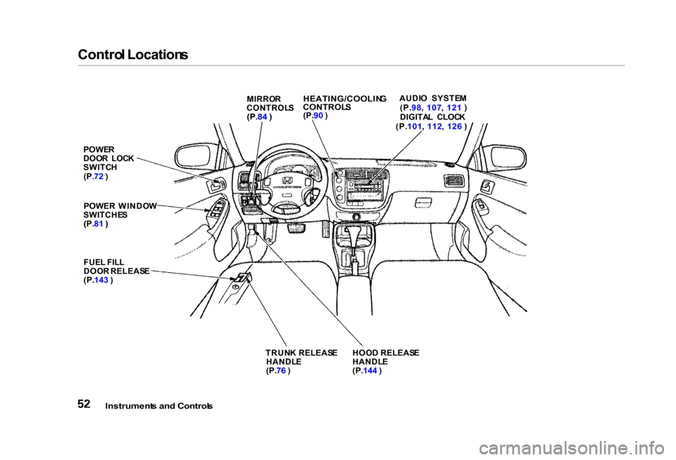HONDA CIVIC COUPE 2000 7.G Workshop Manual
Contro
l Location s
MIRROR
CONTROL S
(P. 84 ) HEATING/COOLIN
G
CONTROL S
(P. 90 ) AUDI
O SYSTE M
(P. 98, 107 , 121 )
DIGITA L CLOC K
(P. 101 , 112 , 126 )
POWE R
DOO R LOC K
SWITC H
(P. 72 ) HONDA CIVIC COUPE 2000 7.G Workshop Manual
Contro
l Location s
MIRROR
CONTROL S
(P. 84 ) HEATING/COOLIN
G
CONTROL S
(P. 90 ) AUDI
O SYSTE M
(P. 98, 107 , 121 )
DIGITA L CLOC K
(P. 101 , 112 , 126 )
POWE R
DOO R LOC K
SWITC H
(P. 72 )