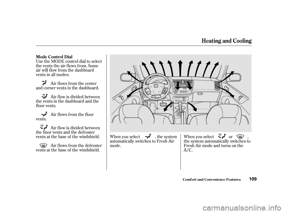 HONDA CIVIC COUPE 2001 7.G Owners Manual Air f lows f rom the def roster
vents at the base of the windshield. Air f low is divided between
the f loor vents and the def roster
vents at the base of the windshield. Air f lows f rom the f loor
v