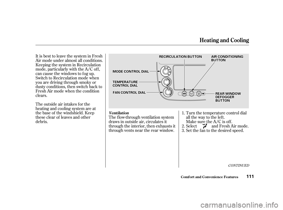 HONDA CIVIC COUPE 2001 7.G Owners Manual The outside air intakes f or the
heating and cooling system are at
the base of the windshield. Keep
these clear of leaves and other
debris.The f low-through ventilation system
draws in outside air, ci
