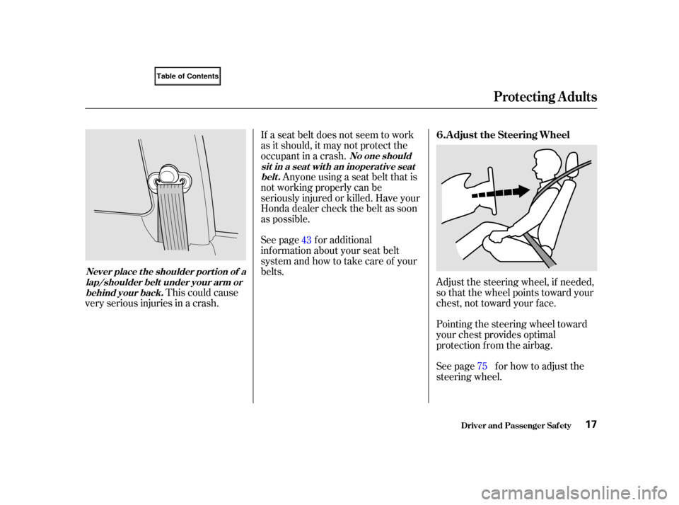 HONDA CIVIC COUPE 2001 7.G User Guide Adjust the steering wheel, if needed,
so that the wheel points toward your
chest, not toward your f ace.
Pointing the steering wheel toward
your chest provides optimal
protection f rom the airbag.
See HONDA CIVIC COUPE 2001 7.G User Guide Adjust the steering wheel, if needed,
so that the wheel points toward your
chest, not toward your f ace.
Pointing the steering wheel toward
your chest provides optimal
protection f rom the airbag.
See