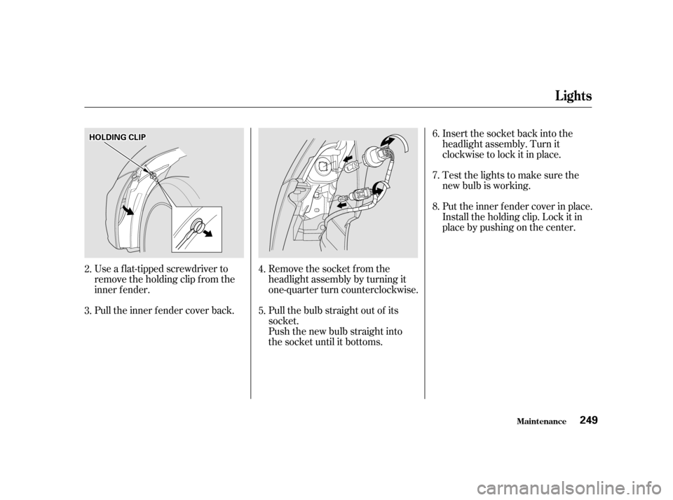 HONDA CIVIC COUPE 2001 7.G Owners Manual Use a f lat-tipped screwdriver to
remove the holding clip f rom the
inner f ender.
Pull the inner f ender cover back.Remove the socket from the
headlight assembly by turning it
one-quarter turn counte