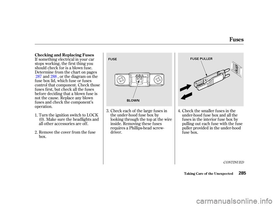 HONDA CIVIC COUPE 2001 7.G Owners Manual If something electrical in your car
stops working, the f irst thing you
should check f or is a blown f use.
Determine f rom the chart on pagesand , or the diagram on the
fuse box lid, which fuse or fu