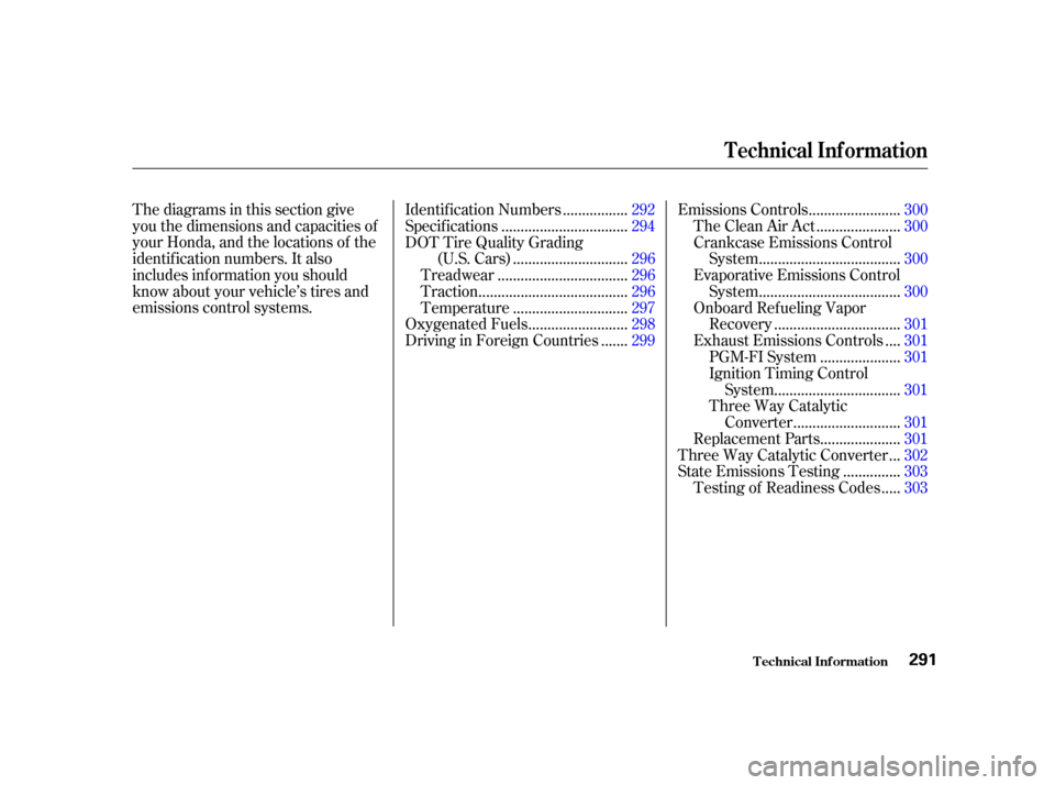 HONDA CIVIC COUPE 2001 7.G Owners Manual Thediagramsinthissectiongive
you the dimensions and capacities of
your Honda, and the locations of the
identif ication numbers. It also
includes inf ormation you should
know about your vehicle’s tir