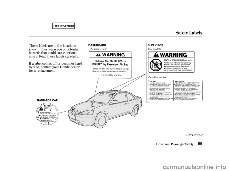 HONDA CIVIC COUPE 2001 7.G Owners Manual These labels are in the locations
shown. They warn you of potential
hazards that could cause serious
injury. Read these labels caref ully.
If a label comes of f or becomes hard
to read, contact your H