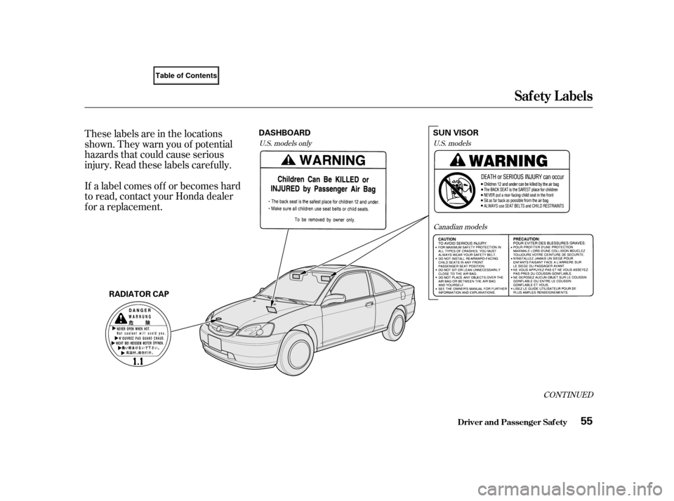 HONDA CIVIC COUPE 2001 7.G Workshop Manual These labels are in the locations
shown. They warn you of potential
hazards that could cause serious
injury. Read these labels caref ully.
If a label comes of f or becomes hard
to read, contact your H HONDA CIVIC COUPE 2001 7.G Workshop Manual These labels are in the locations
shown. They warn you of potential
hazards that could cause serious
injury. Read these labels caref ully.
If a label comes of f or becomes hard
to read, contact your H