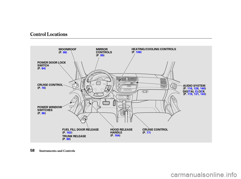HONDA CIVIC COUPE 2001 7.G Repair Manual Control L ocations
Inst rument s and Cont rols58
(
(P
P .
.8888 )
) A
A
U
UD DI
IOO S
SYYSSTTE
EM
M
D
D I
IGGIITT A
AL
L CCLL O
OCCK K
H
H
E
EA
A T
TI
INNG G//C
CO OO OLLIINNG G C
COON NTTR
RO OL LSS
