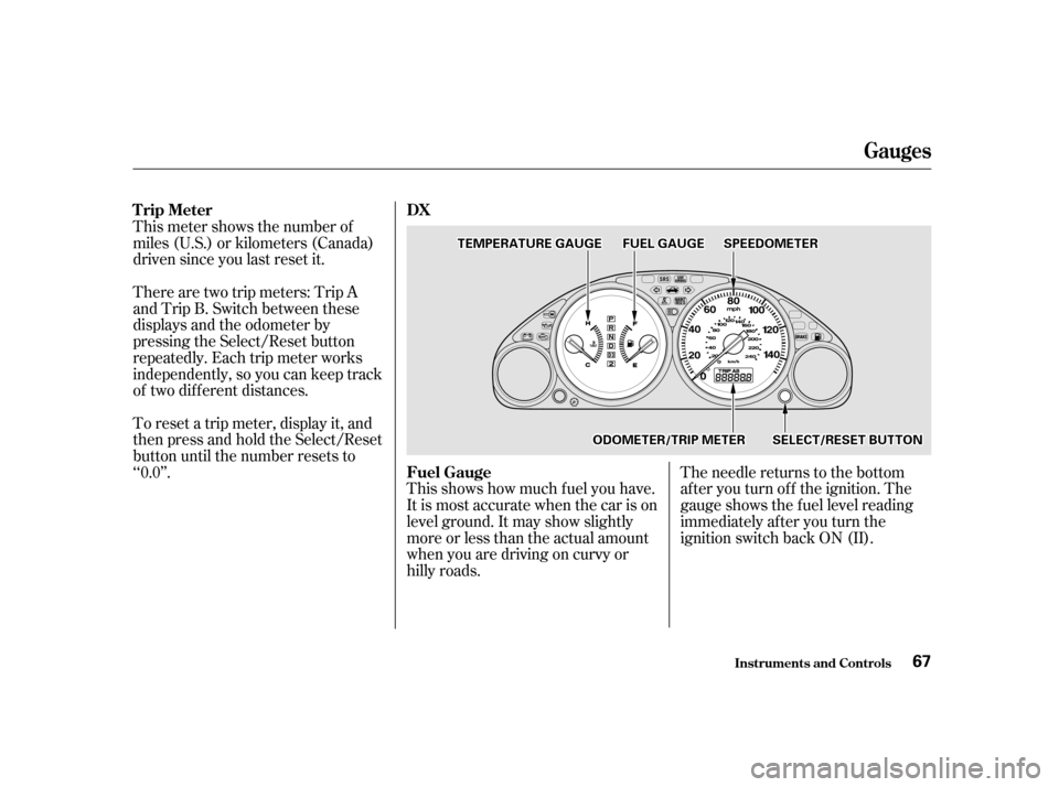 HONDA CIVIC COUPE 2001 7.G Repair Manual This shows how much f uel you have.
It is most accurate when the car is on
level ground. It may show slightly
more or less than the actual amount
whenyouaredrivingoncurvyor
hilly roads.The needle retu