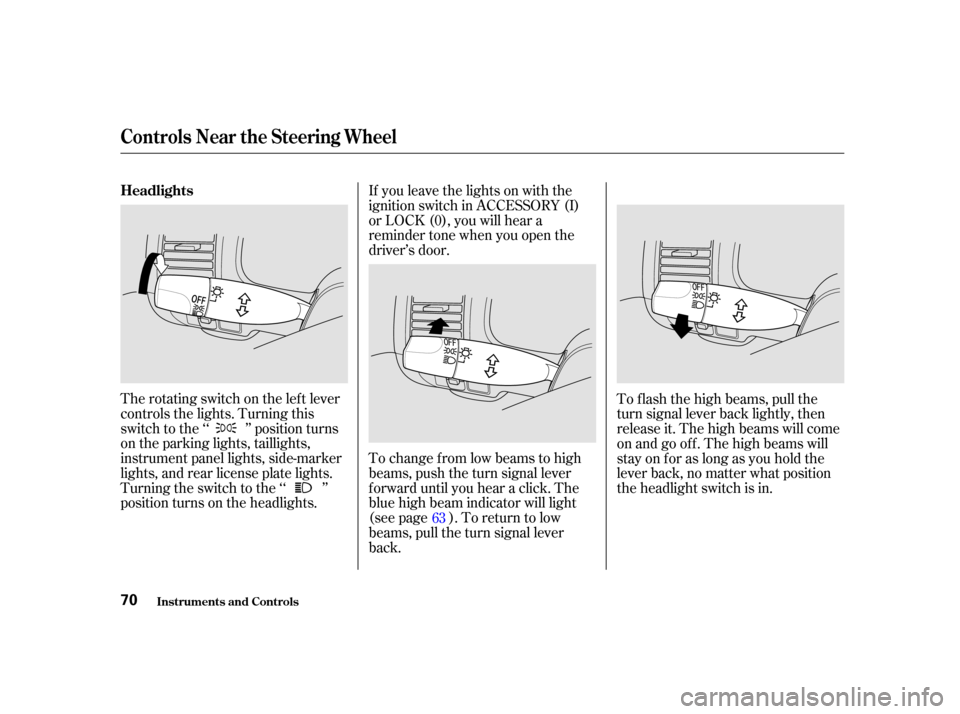 HONDA CIVIC COUPE 2001 7.G Manual PDF The rotating switch on the lef t lever
controls the lights. Turning this
switch to the ‘‘ ’’ position turns
on the parking lights, taillights,
instrument panel lights, side-marker
lights, and 