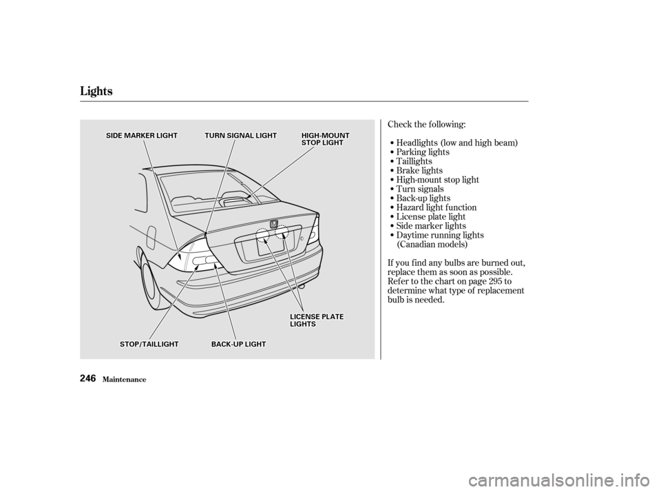 HONDA CIVIC COUPE 2002 7.G User Guide Check the f ollowing: 
If you f ind any bulbs are burned out, 
replace them as soon as possible.
Refer to the chart on page to
determine what type of replacement
bulb is needed.Headlights (low and hig
