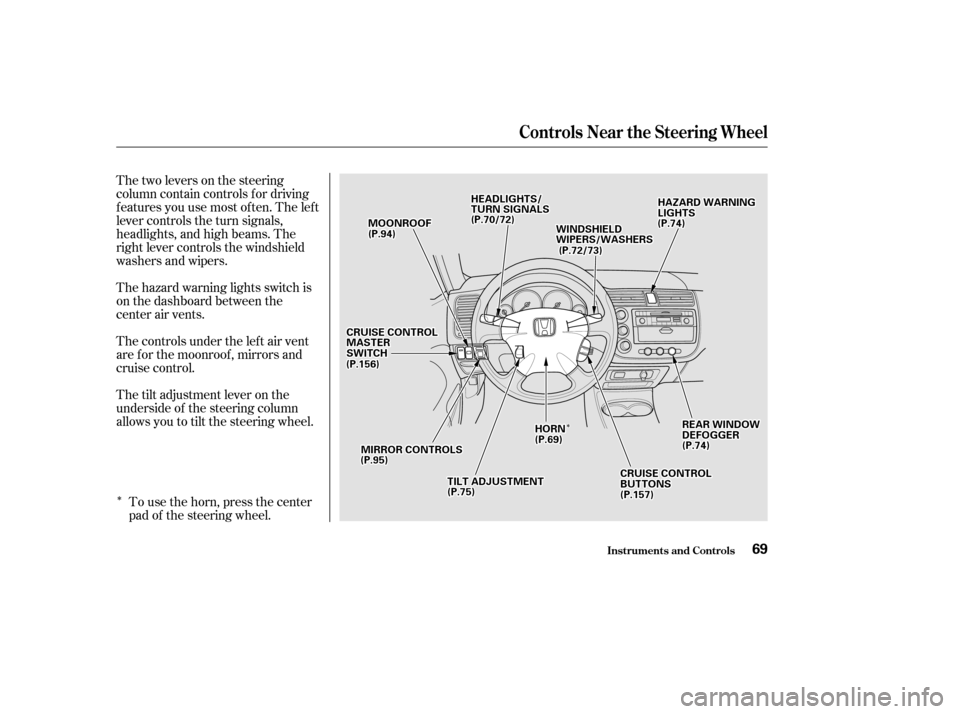 HONDA CIVIC COUPE 2002 7.G Owners Manual ÎÎ
Î
Thetwoleversonthesteering 
column contain controls f or driving
f eatures you use most of ten. The lef t
lever controls the turn signals,
headlights, and high beams. The
right lever control