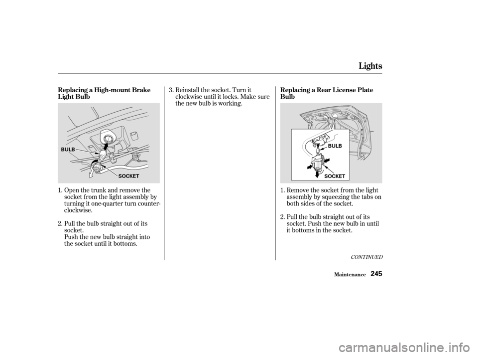 HONDA CIVIC COUPE 2003 7.G Owners Manual Remove the socket f rom the light 
assembly by squeezing the tabs on
both sides of the socket. 
Pull the bulb straight out of its 
socket. Push the new bulb in until
it bottoms in the socket.
Reinstal