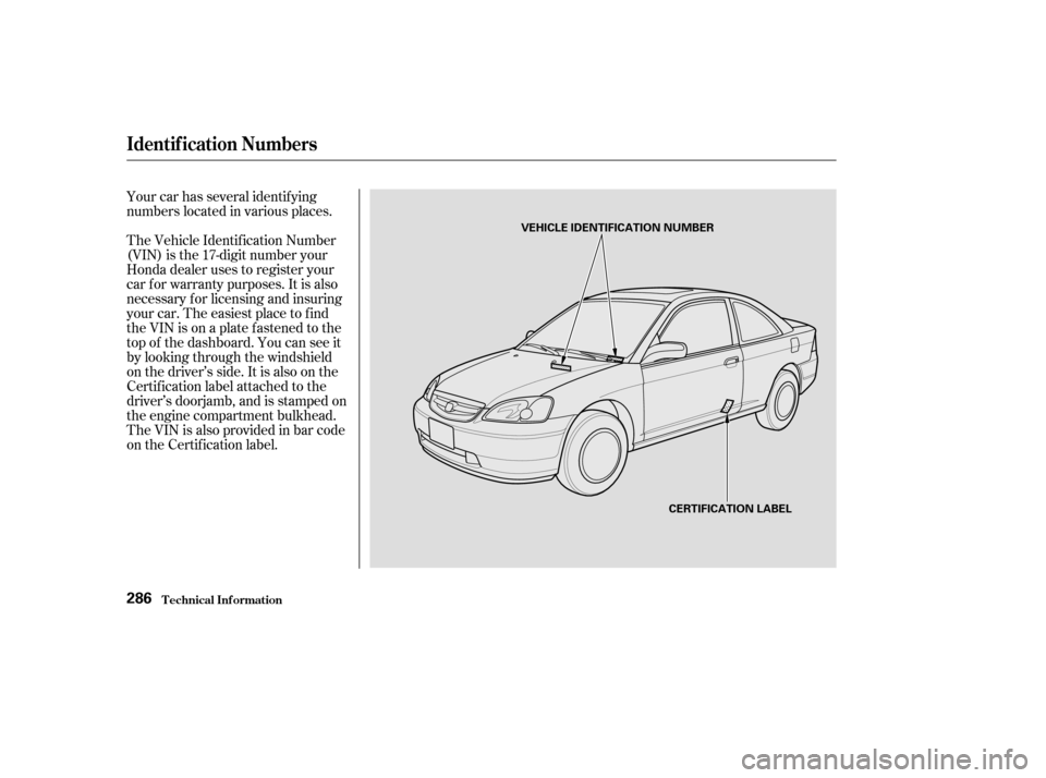 HONDA CIVIC COUPE 2003 7.G Owners Manual Your car has several identif ying 
numbers located in various places. 
The Vehicle Identif ication Number 
(VIN) is the 17-digit number your
Honda dealer uses to register your
car f or warranty purpos