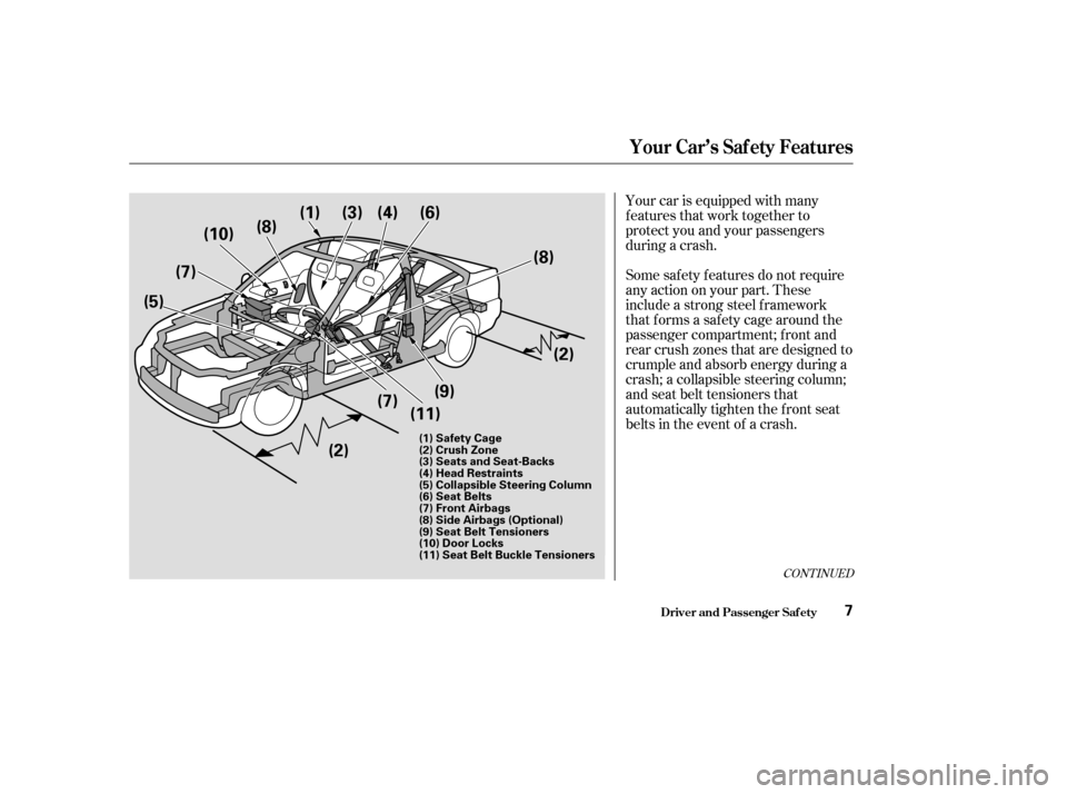 HONDA CIVIC COUPE 2003 7.G Owners Manual Your car is equipped with many 
features that work together to
protect you and your passengers
during a crash. 
Some saf ety f eatures do not require 
anyactiononyourpart.These
include a strong steel 