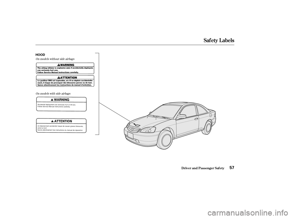 HONDA CIVIC COUPE 2003 7.G Workshop Manual On models without side airbagsOn models with side airbags
Saf ety L abels
Driver and Passenger Saf ety57
HOOD
——y


y
(%yy 