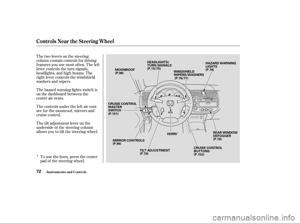 HONDA CIVIC COUPE 2003 7.G Repair Manual ÎÎ
Thetwoleversonthesteering 
column contain controls f or driving
f eatures you use most of ten. The lef t
lever controls the turn signals,
headlights, and high beams. The
right lever controls th
